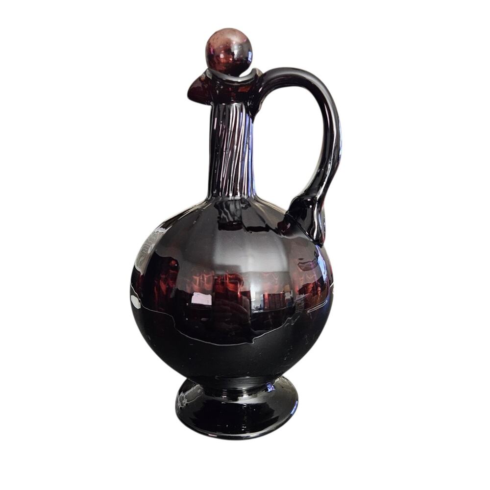 Vintage Cranberry Art Glass Hand Blown Cruet Decanter Stopper Applied Handle